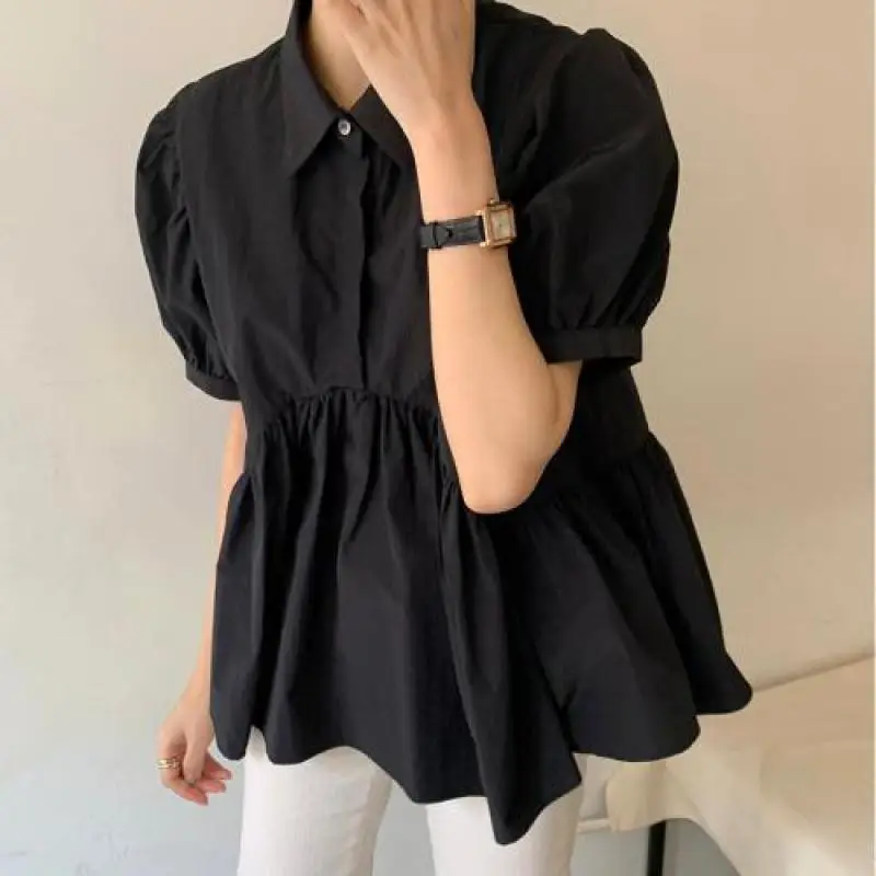 

Women White Blouse French Style Peter Pan Collar Blusa Shirts Summer Elegant Short Sleeve Female Top