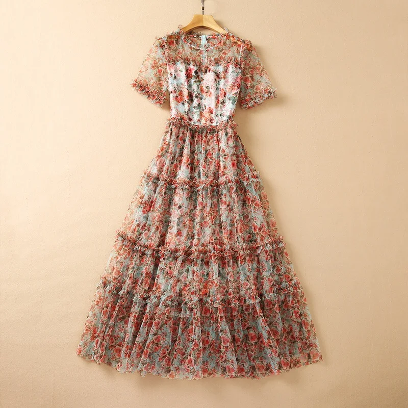 

European and American women's wear for summer 2021 With short sleeves collar Fashion floral print mesh pleated dress