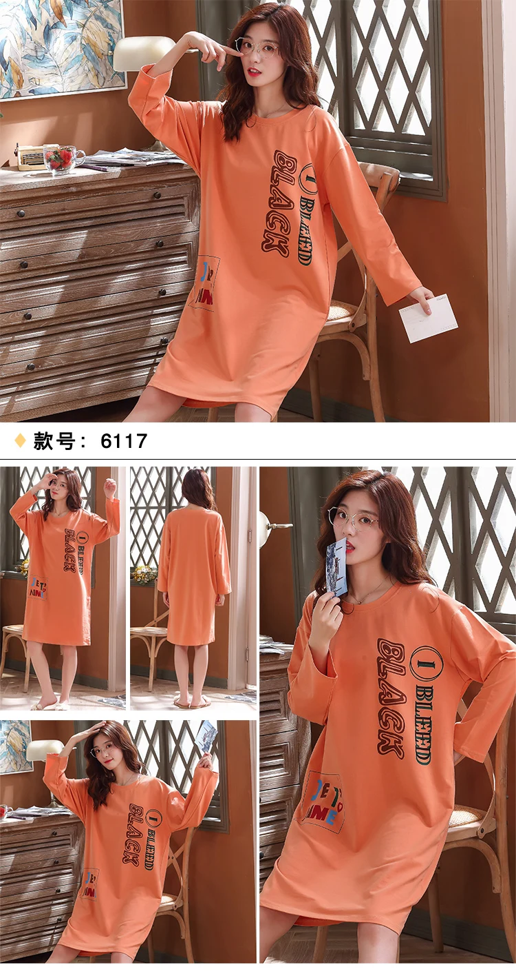 Ночные рубашки для женщин милые ночные рубашки Осень Зима свежий студенческий сладкий хлопок длинный рукав мягкая длинная ночная рубашка
