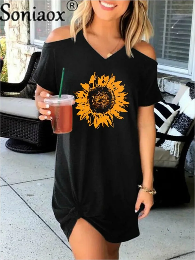 

Plus Size Women's Daisy Printed V-Neck Casual Summer Mini Dress Short Sleeve Beach Loose Off Strapless Dresses Ladies Clothing