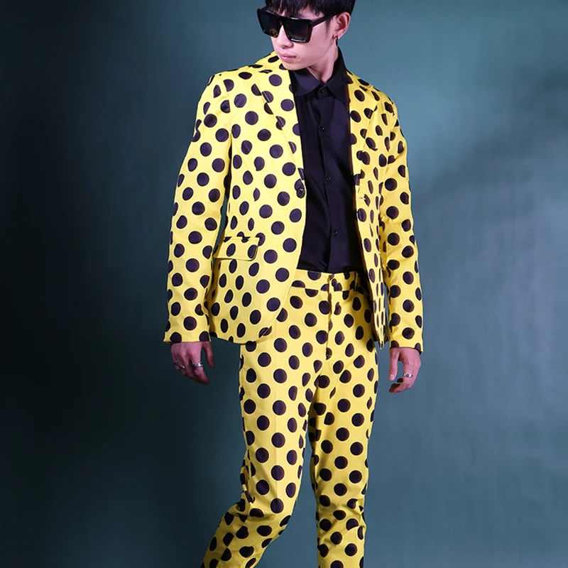 Мужской костюм в Корейском стиле желтый черный белый свободный пиджак горошек