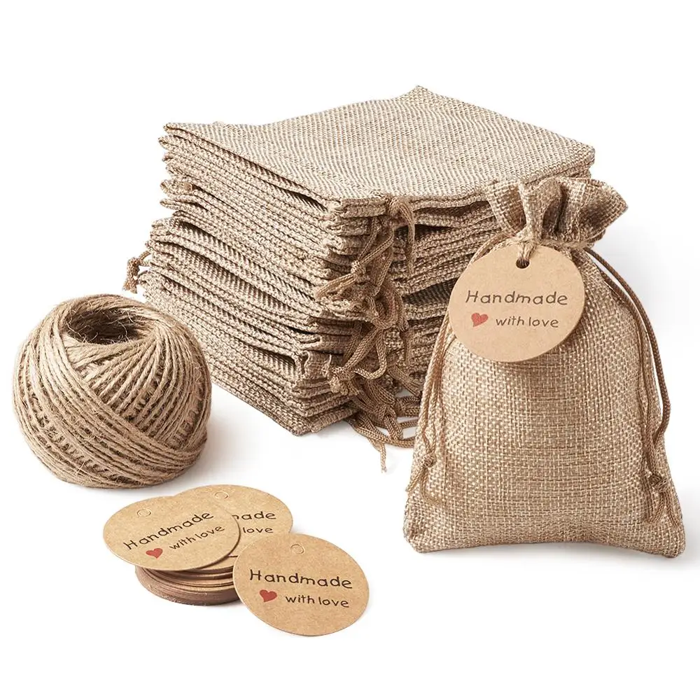 Burlap Packing Pouches Drawstring Bags with Jewelry Display Kraft Paper Price Tags and Hemp Cord Twine String for Jewelry Making