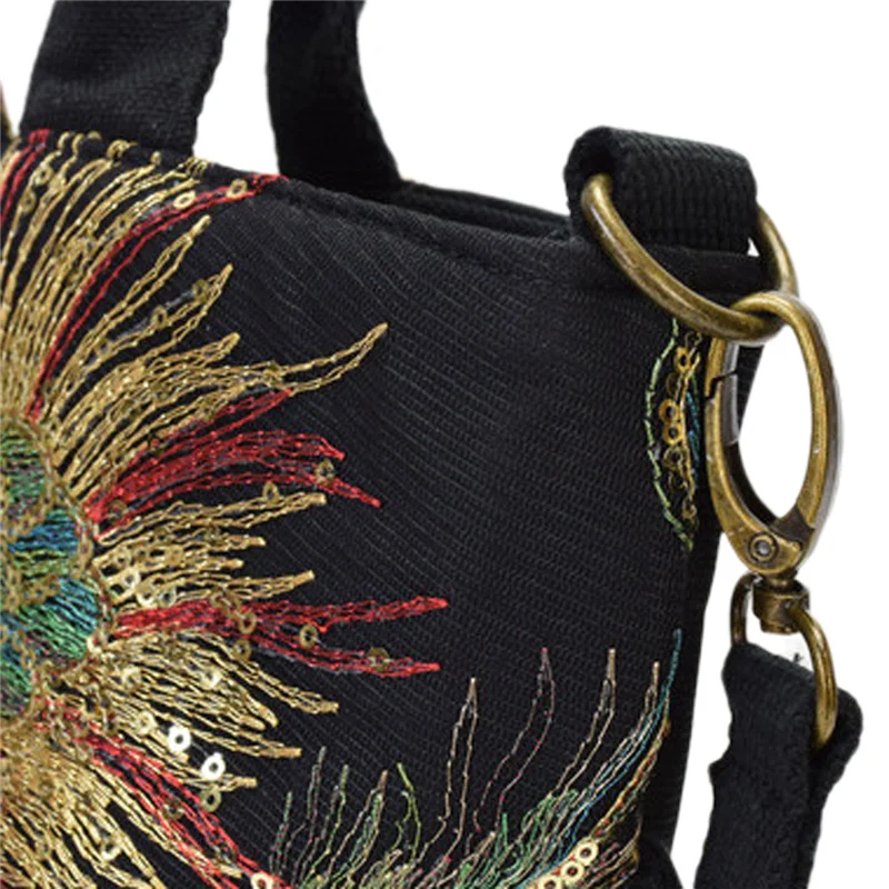 

Women Handbag, Ethnic Embroidery Peacock Pattern Shoulder Bag, Beads Tassels Large Capacity with Handle Removable Strap