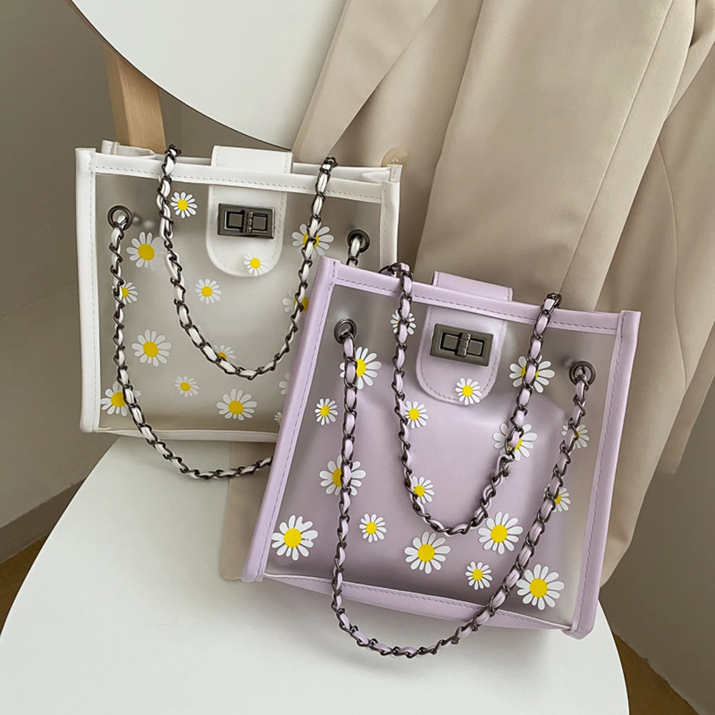 

2pcs/Set Women's Daisy Shoulder Bag Women's Bag New Fashion All-match Transparent Jelly Chain Bag Women 2021 Handbags Clutches