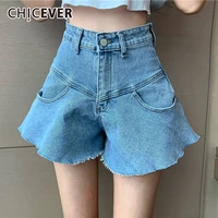 chicever patchwork solid denim shorts for women high waist ruffles casual trousers female fashion new clothing summer 2021 tide