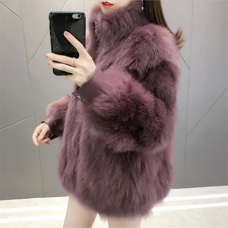 2019 new stand collar ladies fox fur coat large size fashion short leather fur female coat 873