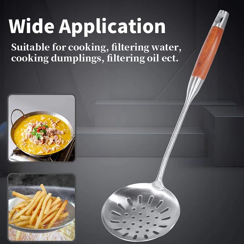 

Skimmer Slotted Spoon,Serving Spoon with Heat Resistant Wooden Handle, Heavy Duty Cooking Strainer Spoon for Kitchen