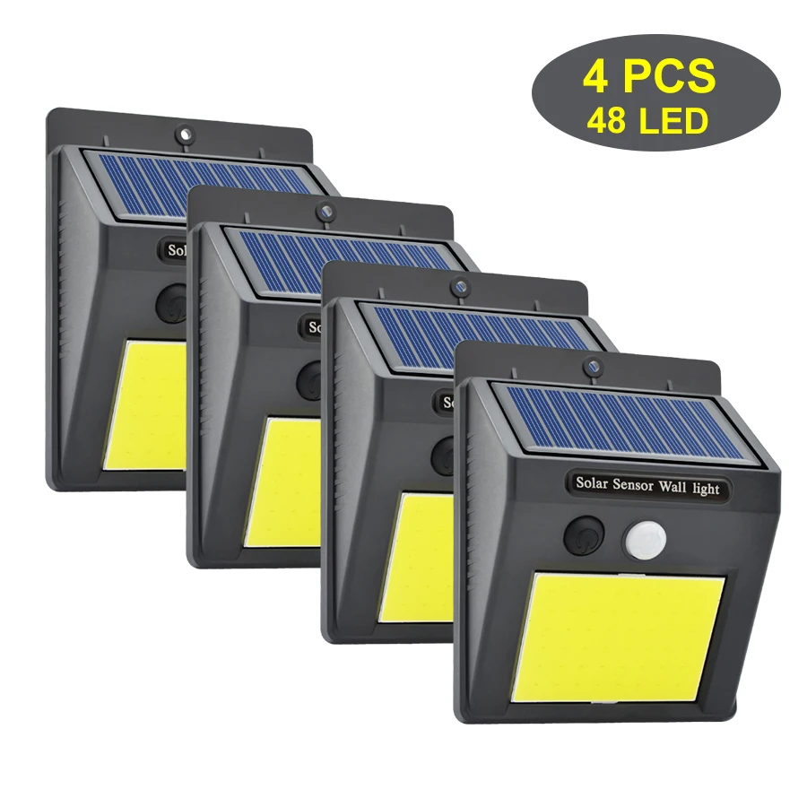 4pcs 48 LED Lamps 48/60 COB светодиодный светильник на солнечной батарее 3 режима движения PIR сенсор настенный светильник IP65 Водонепроницаемый Широкий угол открытый сад уличный светильник безопасности - Испускаемый цвет: 4pcs 48 LED Lamps