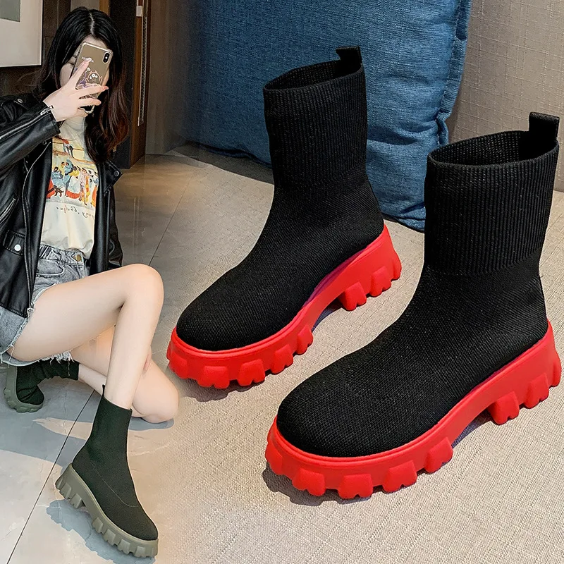 2021 Autumn Winter Socks Boots Women Thick-soled Casual Plus Size Platform Shoes Woman Knitted Short Boots Botas De Mujer
