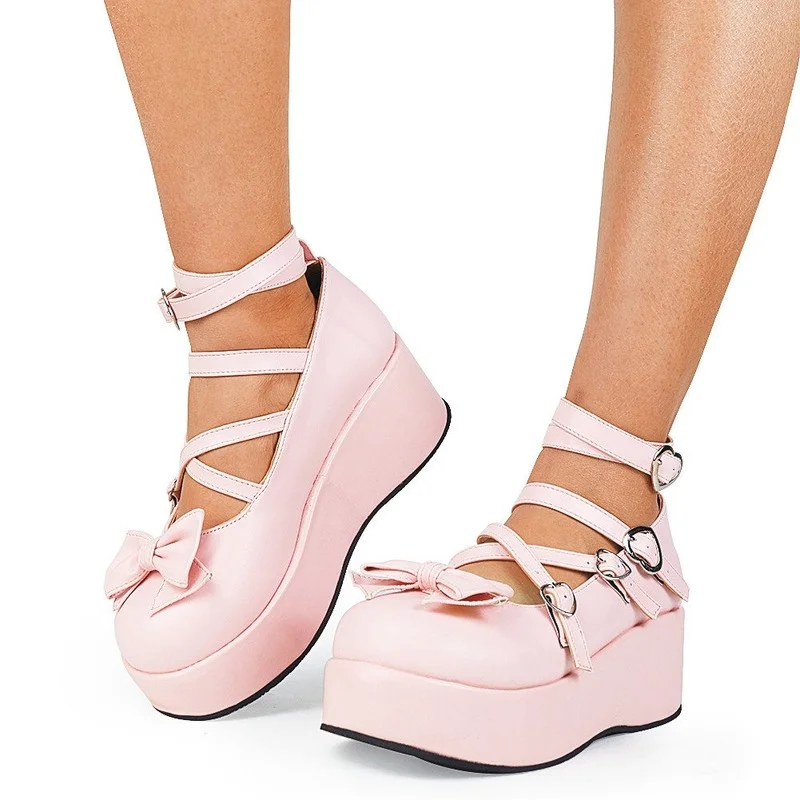 

New DoraTasia Brand New Female Mary Janes Pumps Platform Wedges High Heels Bowknot Women's Pumps Sweet Cute Lolita Heart 2021