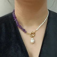 the new 2021 purple crystal necklace fashion baroque natural freshwater pearl collar bone chain women jewelry gifts