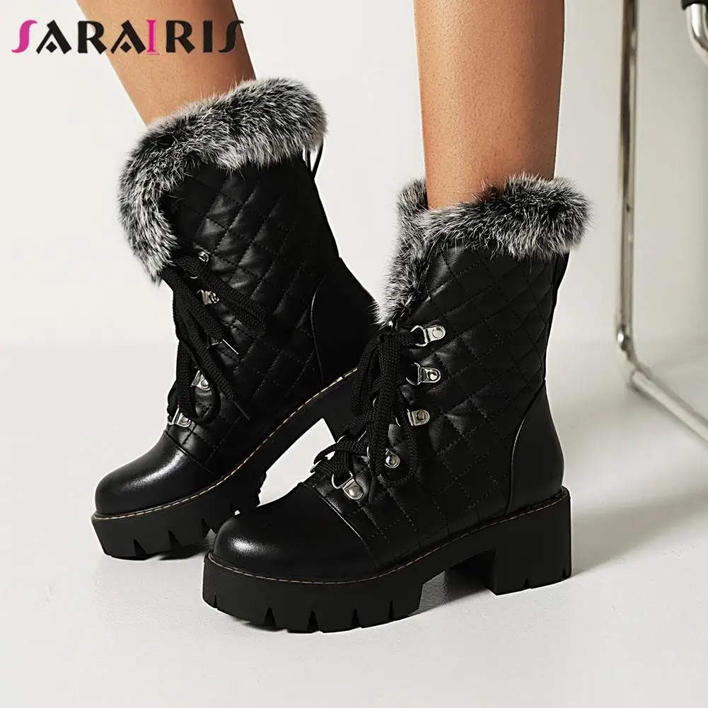

SaraIris Female Snow Boots Cross Tied Chunky Heel Warm Plush Big Size 43 Platform women's Boots Fashion Woman Winter Shoes