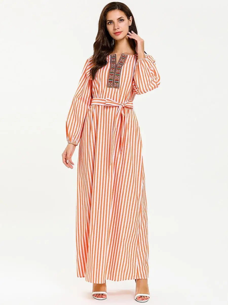Женское платье с длинным рукавом фонариком в полоску|Сочетающаяся одежда для