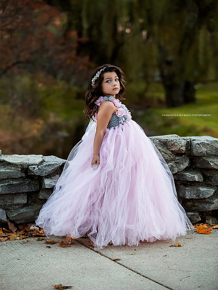 Pink and Grey Flower Girl Tutu Dress Wedding Tulle Girls Dresses Robe Demoiselle Rose Kids Clothes | Детская одежда и обувь