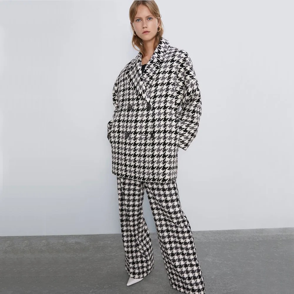 Женское клетчатое пальто ZA черное повседневное профессиональное для отпуска