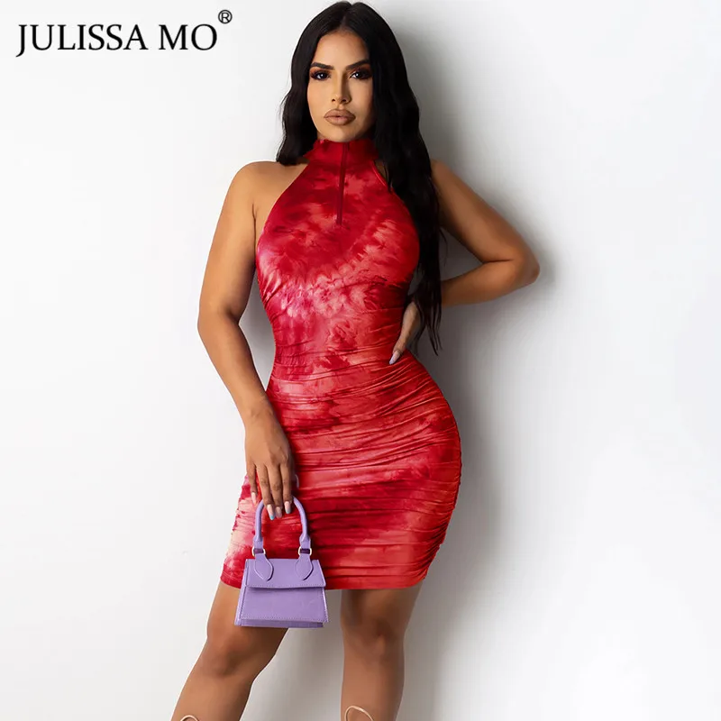 Женское платье с рюшами JULISSA MO на молнии без рукавов и принтом летнее облегающее