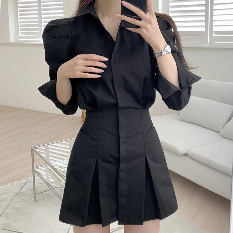 

ZAWAHIKI Korean Chic Mini Dresses Solid Pleated Solid Office Ladies 2021 Autumn Vestidos High Waist Ins Fashion Women Dresses