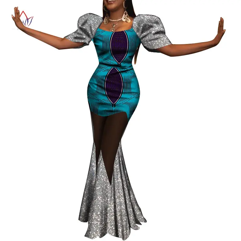 Bintarealwax Mermaid Dresses for Women Bazin Riche Sequined Print Wax Long Dresses Plus Size S-7XL Africa Clothing WY8869