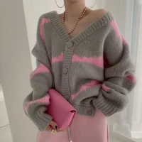 korean style jacket female loose casual loose striped single breasted long sleeved cardigan color matching v neck sweater coat