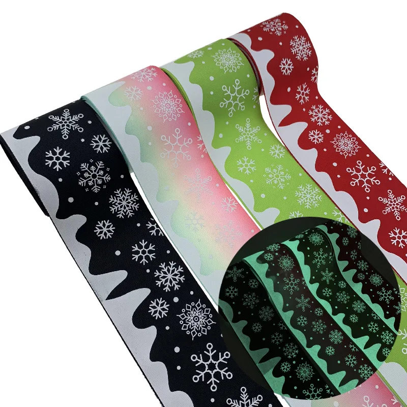 

5yard/lot Snowflake Printed Luminous Grosgrain Ribbon for Diy Christmas Garland Gift Bouquet Packaing Material