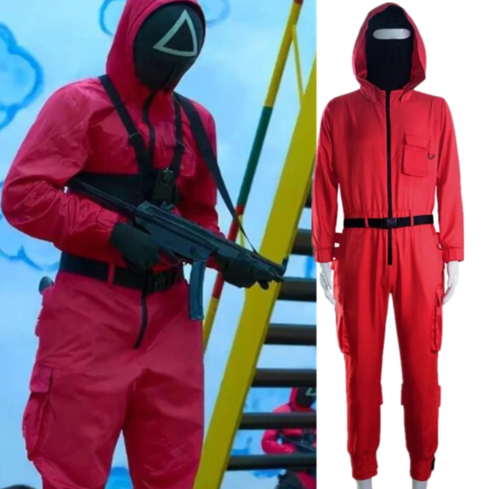 

Squid Game NPC Red Anime Cosplay Costume Jumpsuit Uniform Black Mask Cosplay Costume Halloween Party Prop Adult