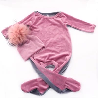 baby girls thicker velvet romper bodysuit real fur pompom hats set soft winter 0 12 month baby kids long sleeves footies clothes