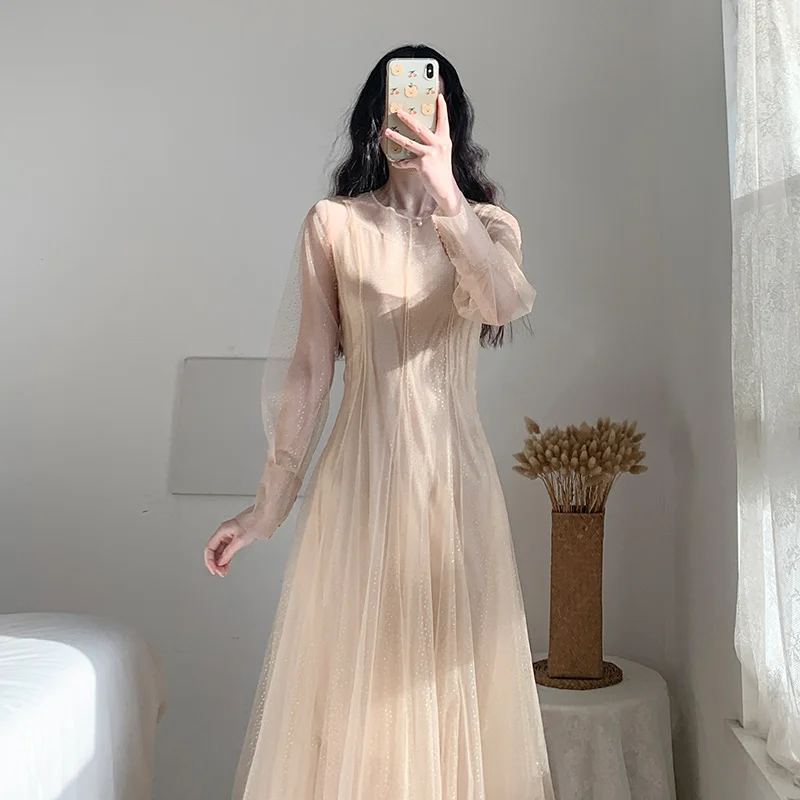 

French Dress Waist-Tight Slim-Fit Formal Dress 2021 Spring and Autumn Fairy Gauze Dress Long Super Fairy Gentle Two-Piece Set