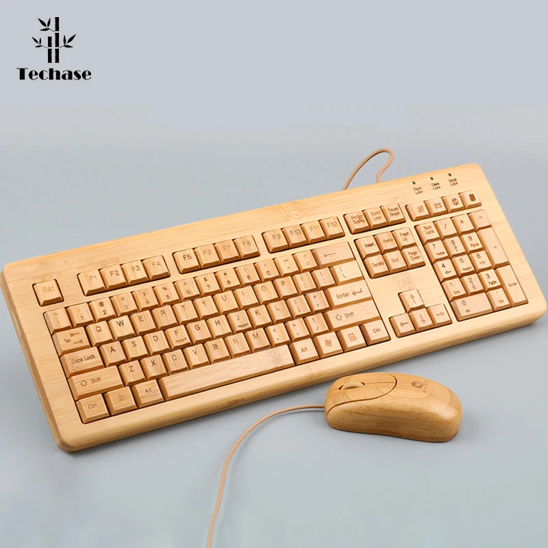 Проводная мышь и клавиатура Techase USB стандартная игровая из бамбука Teclado Mecanico