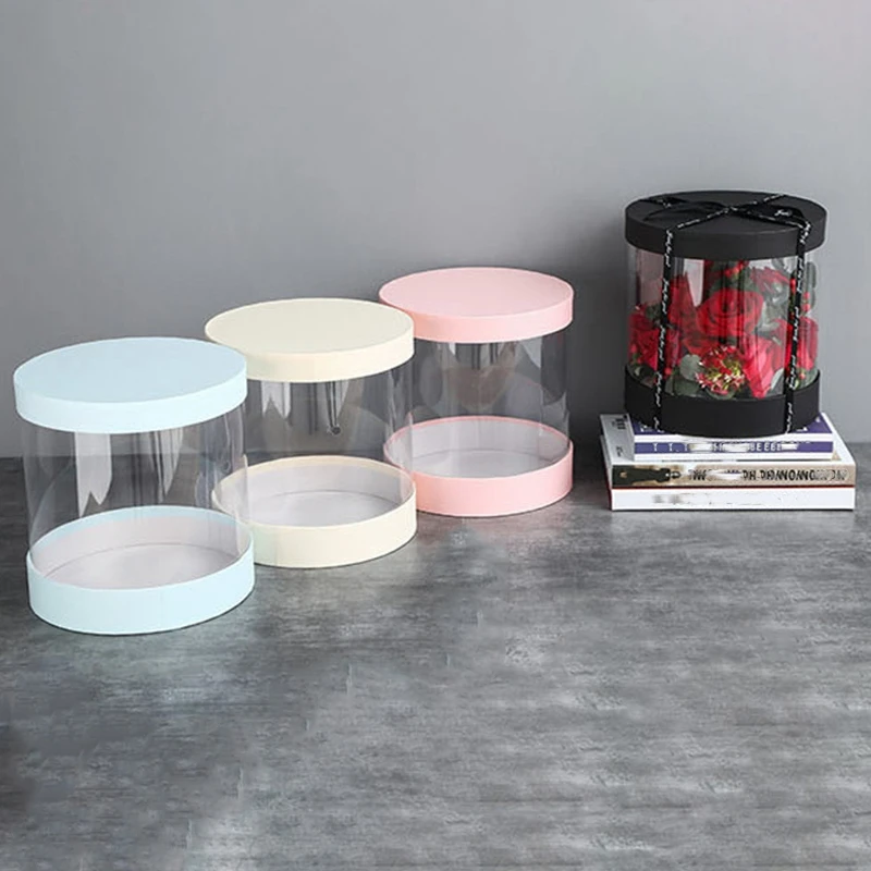 Round Flower Paper Boxes Flowers Bucket Transparent PVC Cake Gift Box Ladies Presents Packing Case Lid Party | Дом и сад