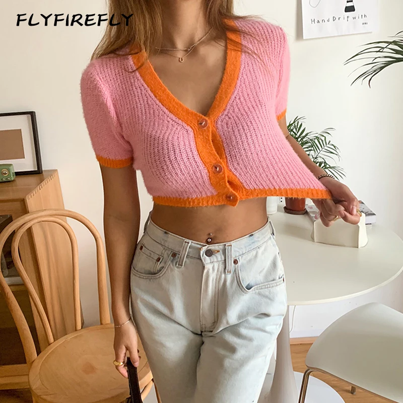 Crop sweater women vintage pink cardigan short sleeve sweaters korean ladies tops elegant cropped summer 2022 New |