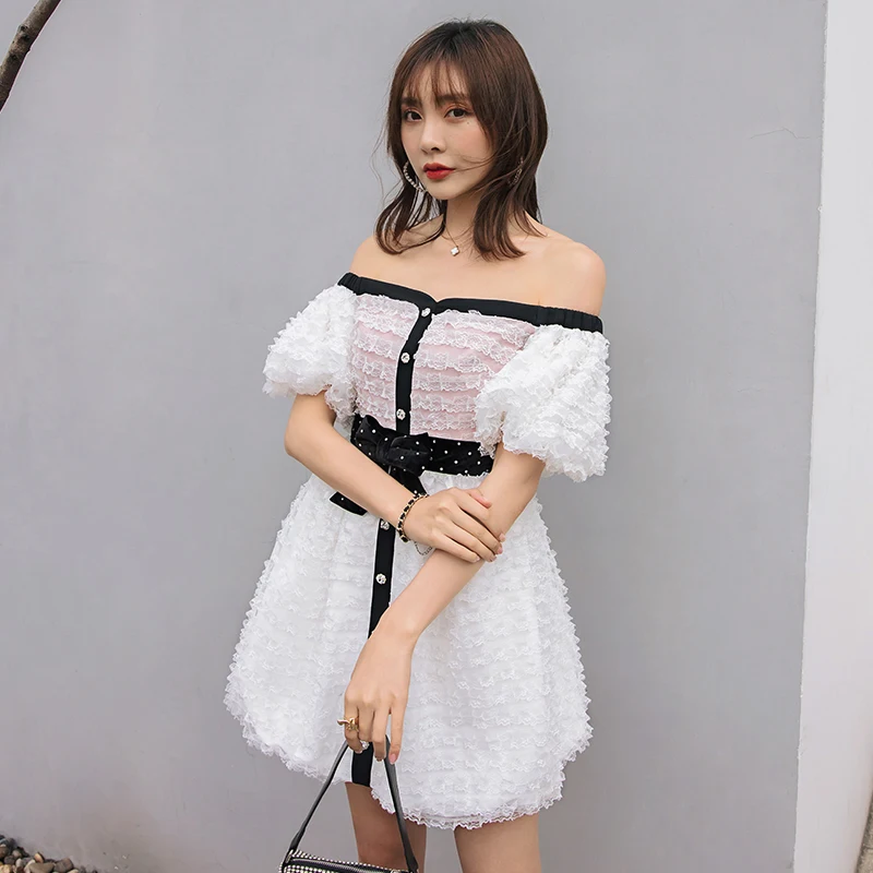 YIGELILA Autumn New Fahion Patchwork Dress Slash Neck Backless Sexy Short Dress Puff Sleeves With Above Knee Sweet Dress 65381