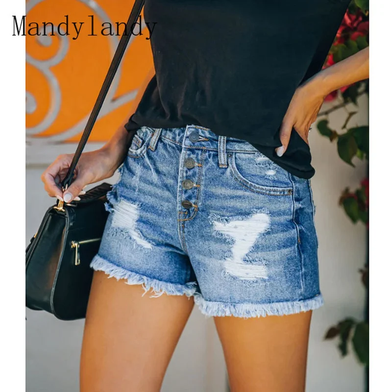 

Mandylandy летние женские Высокая талия рваные стрейч Slim Fit однобортное пальто; Модные джинсовые шорты женские пикантные повседневные джинсы