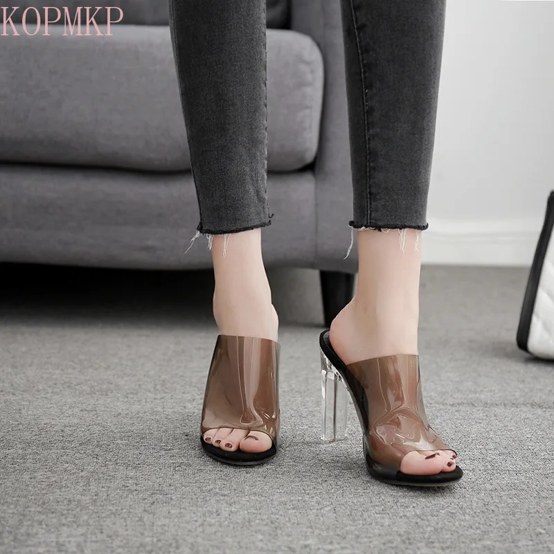 

European and American Style Clear Crystal with Fish Mouth High Heel Slippers Leather Gladiator Sandals