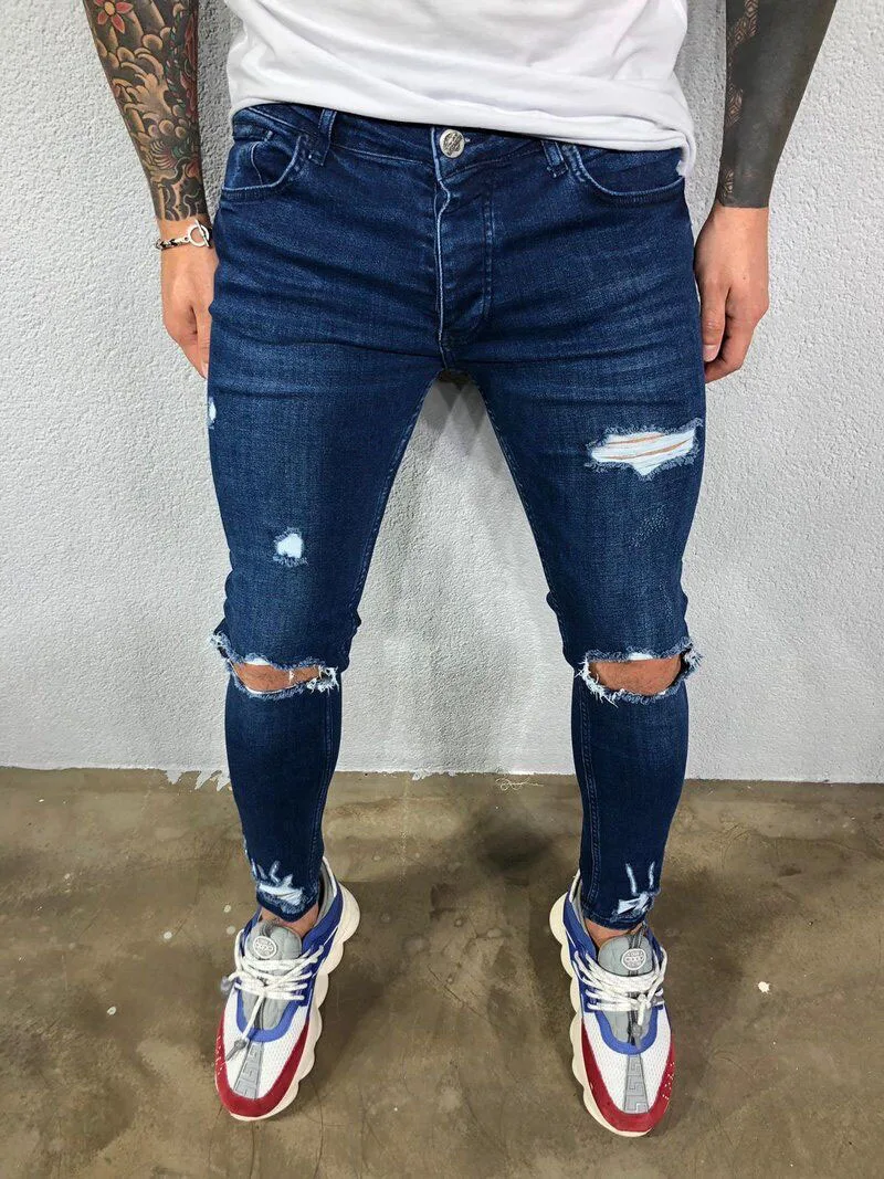 

High quality 2020 men's pierced elastic leg jeans tear new