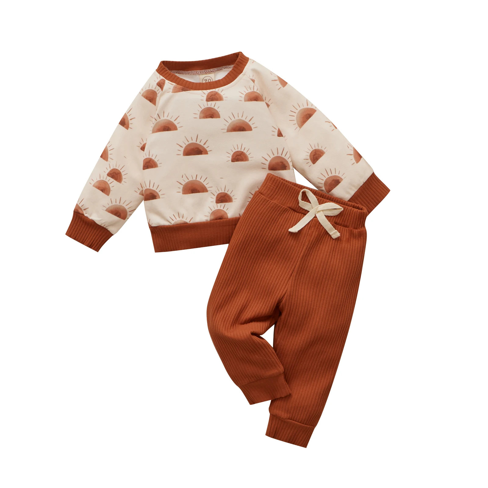 

Babies Casual Two-piece Clothes Set, Sun Printed Pattern Round Collar Pullover and Brown Solid Color Pants