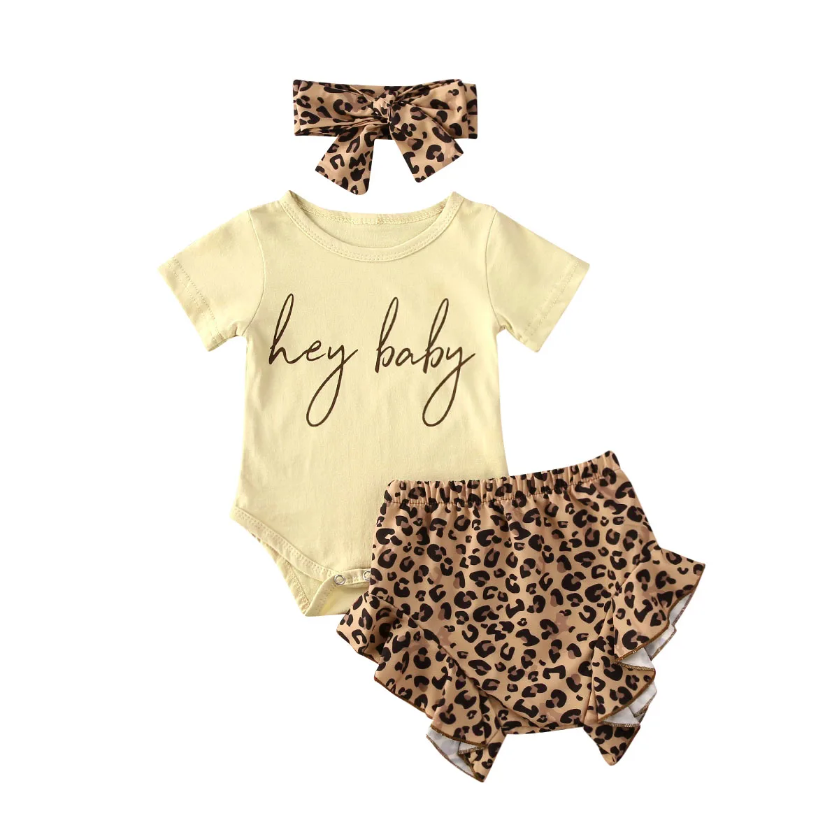 

3pcs Infant Baby Girls Boys Clothes Sets Letter Print Short Sleeve Romper Tops+Leopard Shorts+Headband