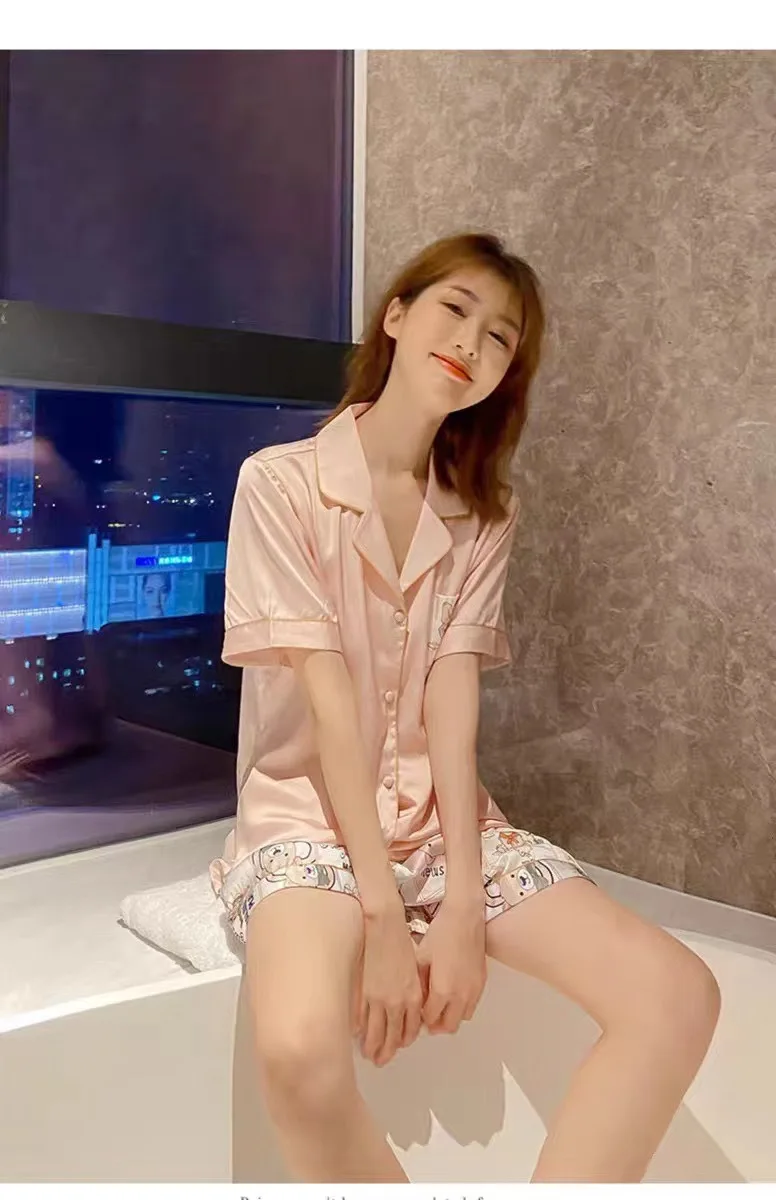 

Pajama Women's Summer Ice Silk Short Sleeve Shorts Two Piece Suit Summer Thin Korean Version Lovely Simulation Silk Home Clothes