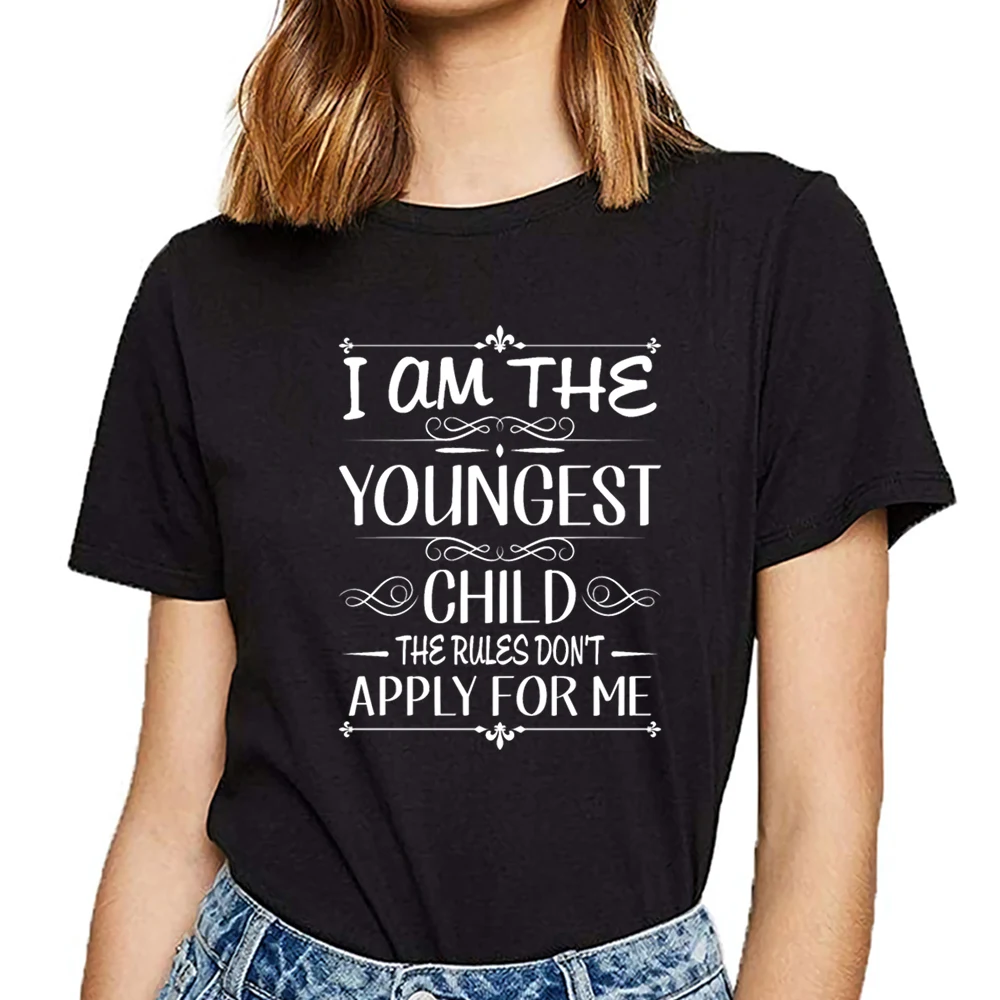 

Tops T Shirt i am the youngest child rules dont apply for me Basic Black Custom Female Women's T-shirt
