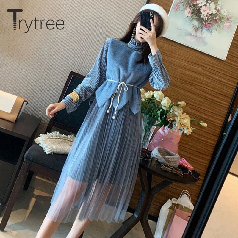 Trytree, осенне-зимний комплект из двух предметов, повседневная водолазка, плиссированное платье с расклешенными рукавами+ жилет с поясом, комплект для офисной леди, комплект из 2 предметов