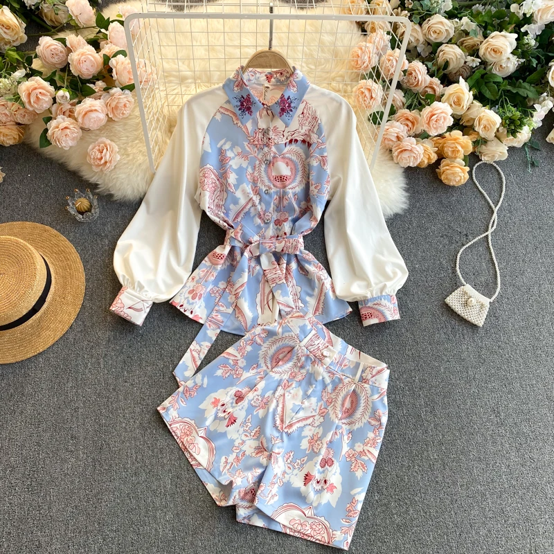 

Spring 2021 New European American Retro Printing Suit Lapel Tie Waist Top High Waist Slim Slimming Wide-leg Shorts C439