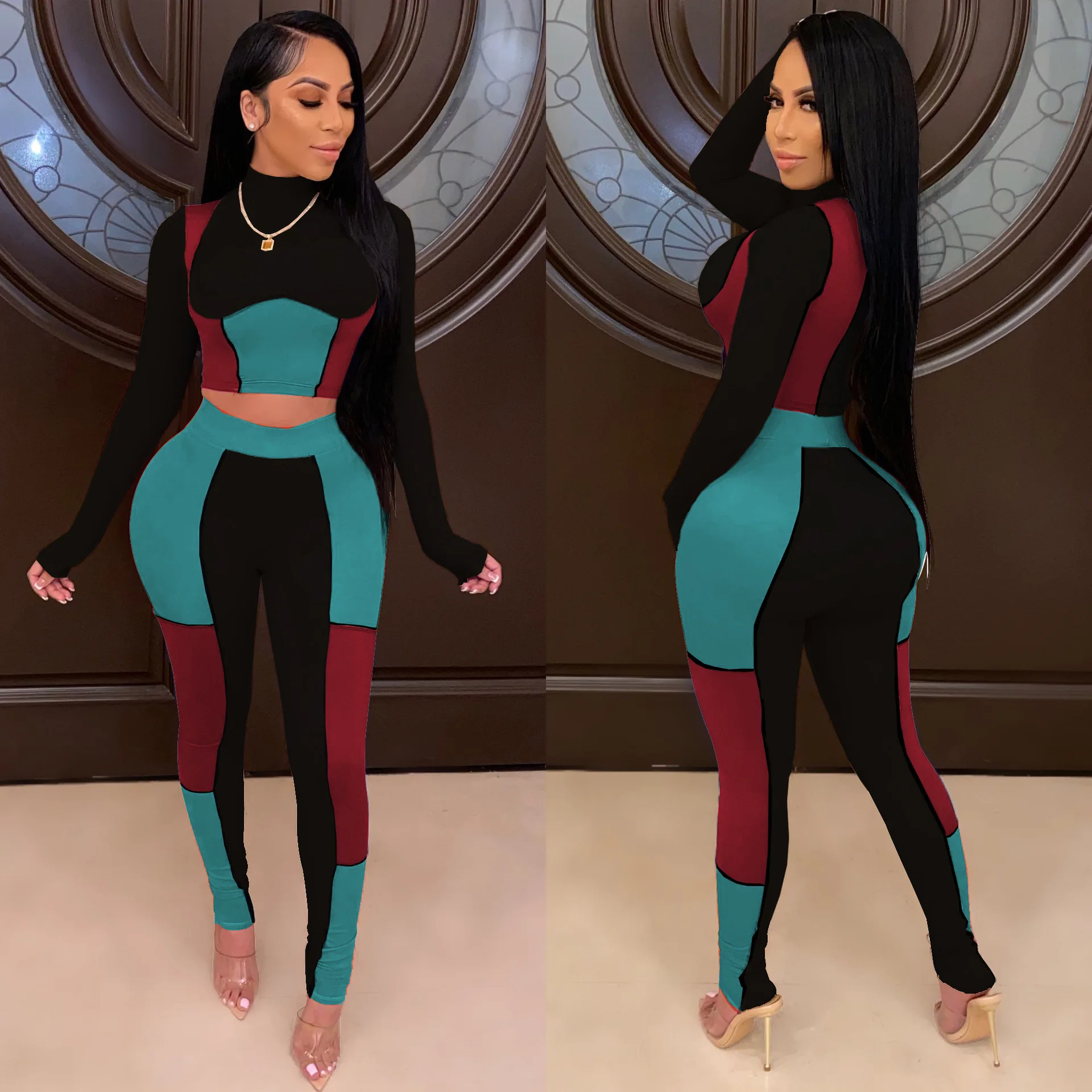 

Contrast Color Patchwork Fitness Two Piece Sets Women 2021 Turtleneck Long Sleeve Slim Crop Top and Pencil Pant Streetwear Suits