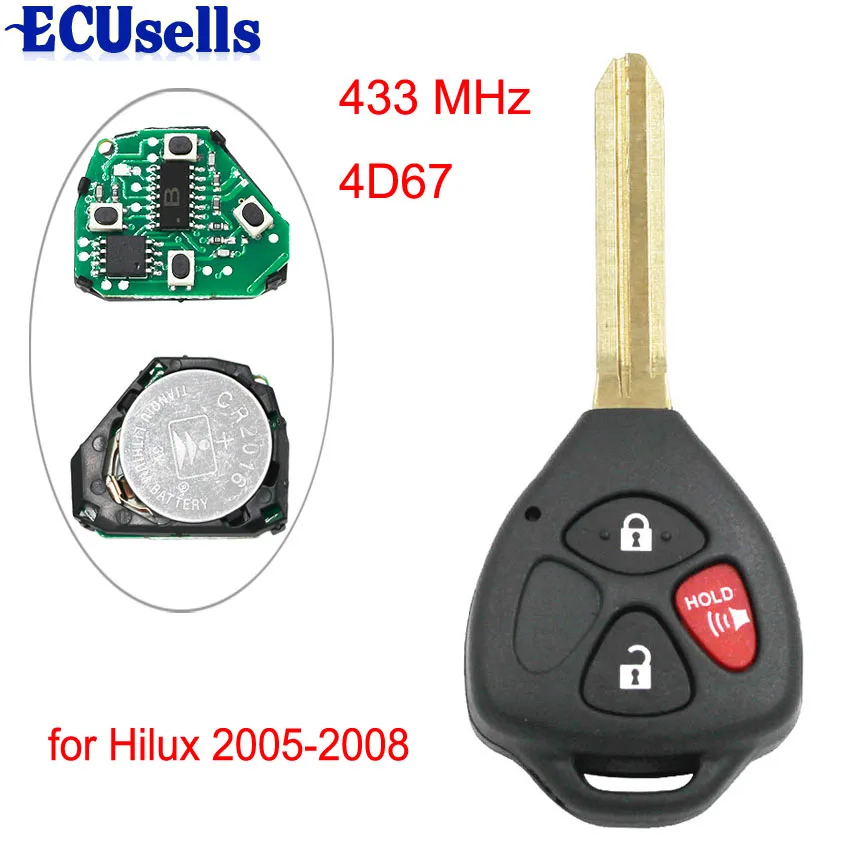 3 кнопки дистанционного ключа 433 МГц 4D67 с чипом 4D-67 внутри для Toyota 2005-2008 Hilux TOY43 Blade 2+ 1 кнопки