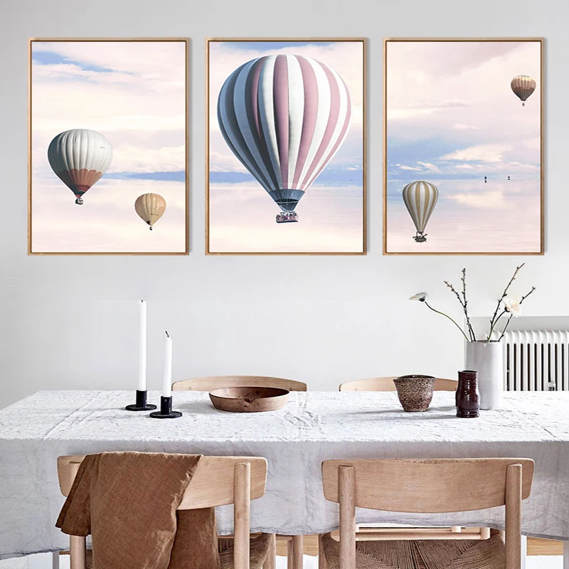 

Fashion Poster Helium Hot Air Balloon Pink Sky Canvas Wall Art Landscape Print Picture Scandinavian Home Decoration Painting