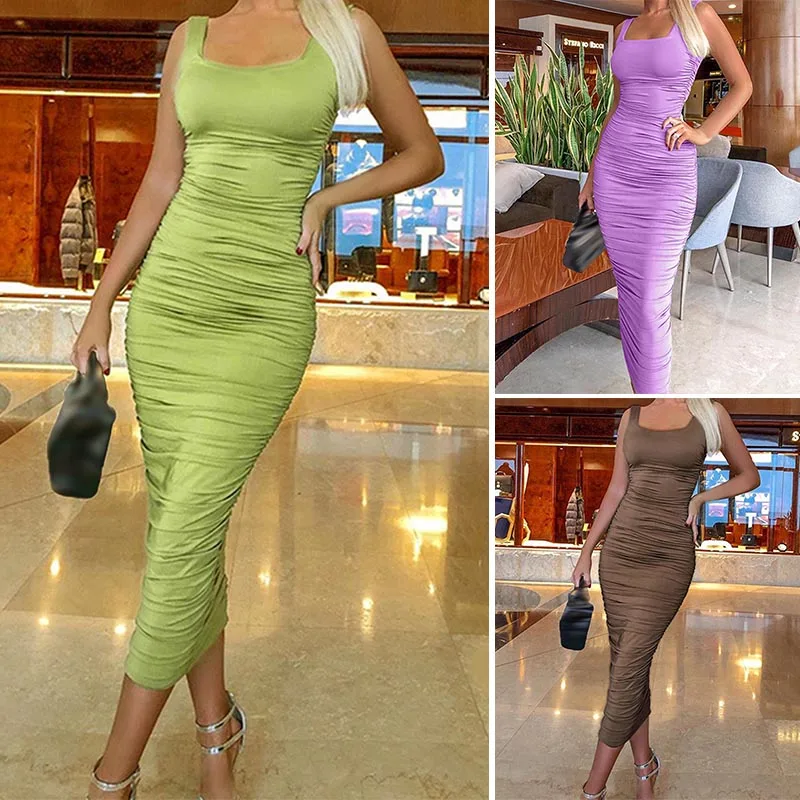

Women Ruched Solid Sexy Party Dresses Sleeveless Skinny Clubwear Basic Dress