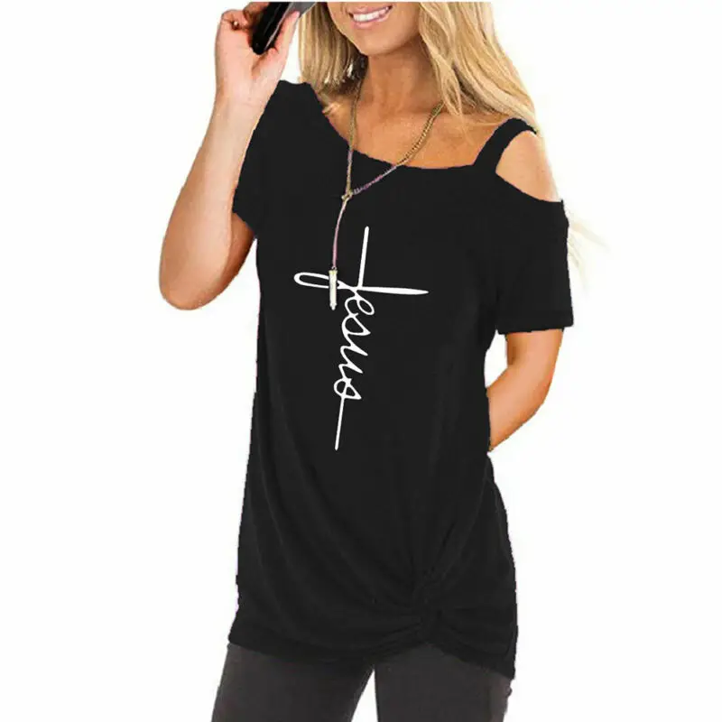 

Women Summer Clothes Tshirts Ladies Knotted Short Sleeve Off Shoulder Shirts Letter Printed Knotted T Shirt