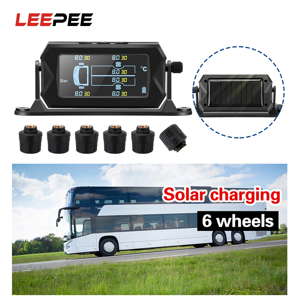 

LEEPEE Car RV Truck TPMS Wireless Solar Digital LCD Alarm Tire Pressure Monitoring System with 6 External Sensors