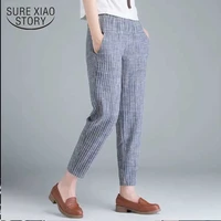 2022 spring casual harem pants korean style high waist women pants stripe cotton linen trousers plus size streetwear women 10299