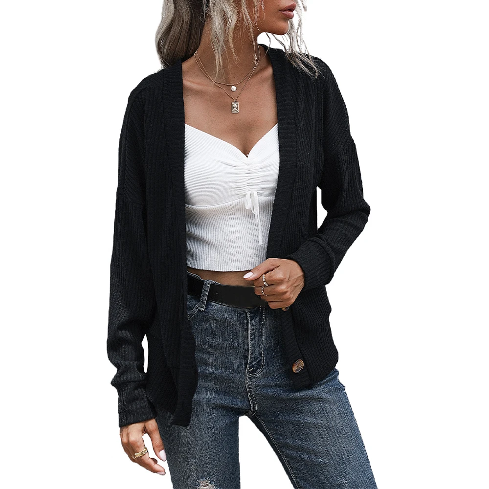 

Women Sweater Solid Cardigan V Neck Long Sleeve Knitted Top Black Button Sweater Coat Casual Women Clothing Knitwear Sweater