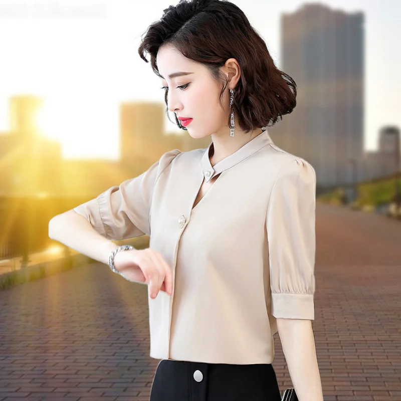 Офисная женская шифоновая блузка для женщин 2021 летняя новая однотонная тонкая