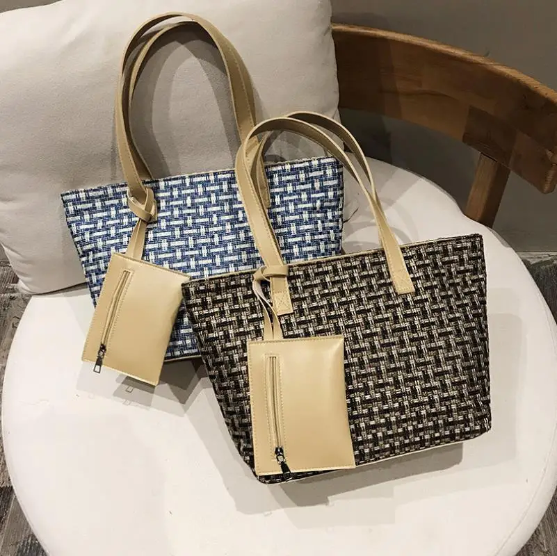 

Вместительная многофункциональная сумка через плечо, повседневная женская сумка-тоут, клетчатая сумка с принтом и маленьким кошельком для ...